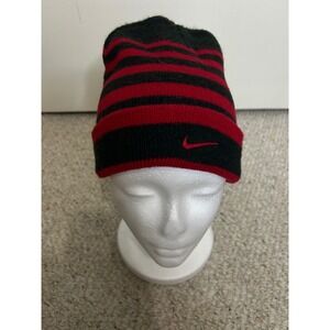 Nike Youth Striped Beanie Hat Black and Red Knit Cap Winter